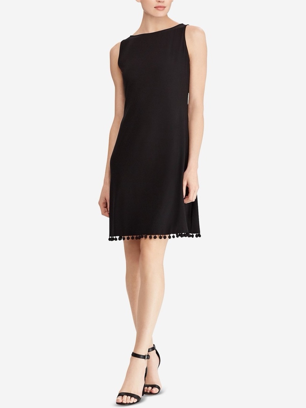 American Living Black Sleeveless Fringe Pom Pom Shift Party Dress